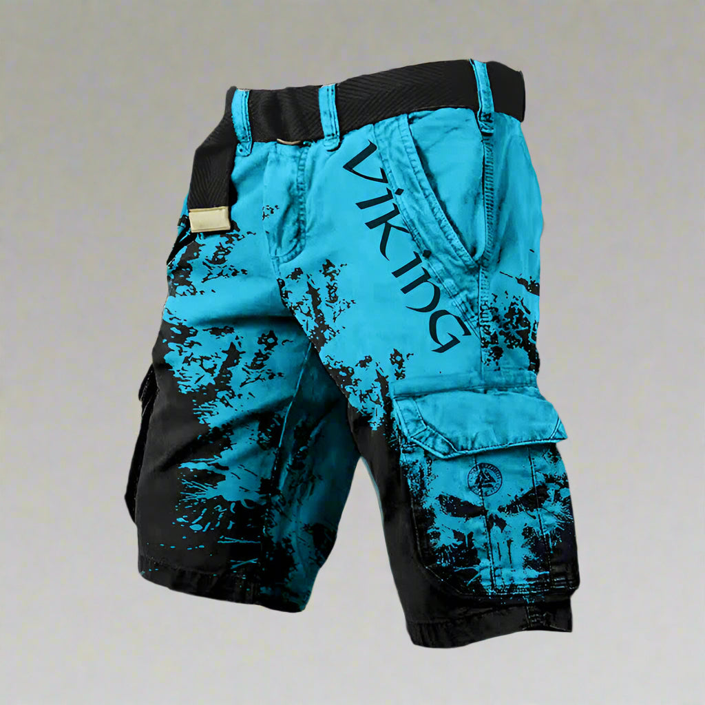 Short cargo viking bleu clair et noir, poches cargo à rabats, ceinture élastique