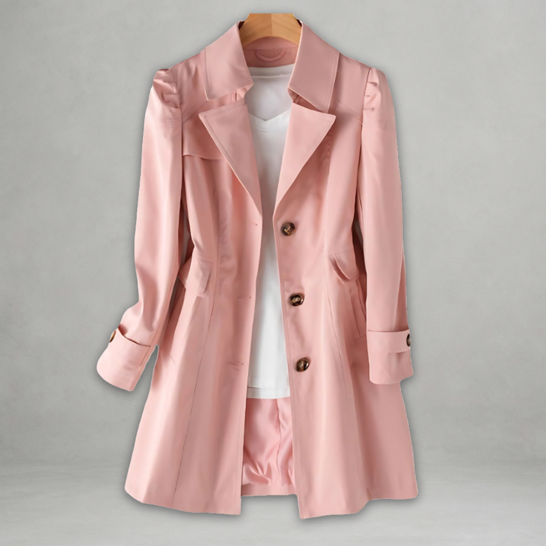 Trench-coat de printemps rose, col revers, double rangée de boutons et poches