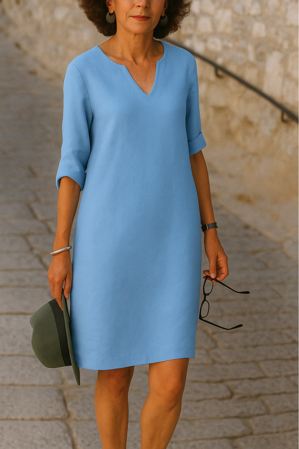 Robe à col en V bleu ciel, manches retroussées, coupe droite longueur genou.