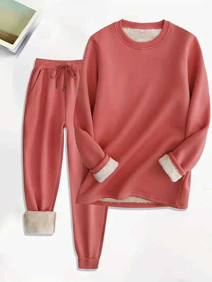 Ensemble hivernal rose rouge : sweat et jogging assortis, cordon et doublure fourrure