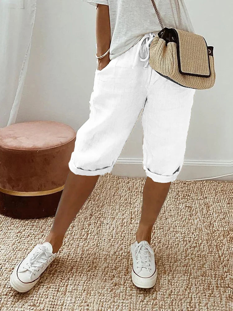 Short en coton blanc pour femme, taille élastique avec cordon, bas à revers