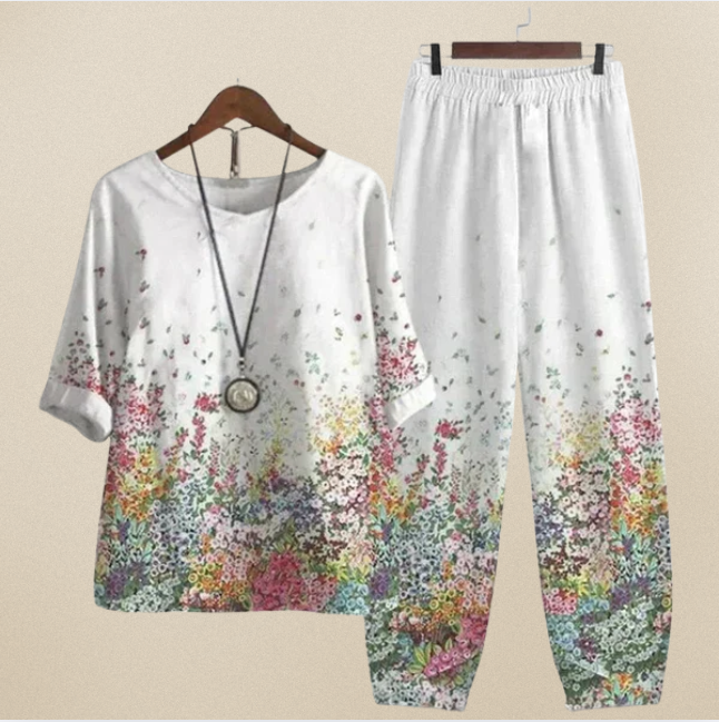 Ensemble chemise et pantalon blanc à motif floral multicolore, coupe ample