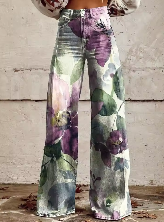 Pantalon boho à jambes larges imprimé floral, tons violet, vert et blanc