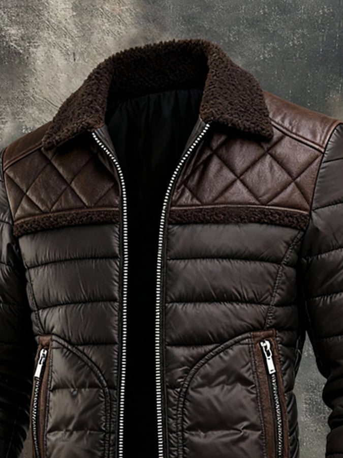Gilet matelassé marron à col sherpa haut, surpiqûres losanges et zip central