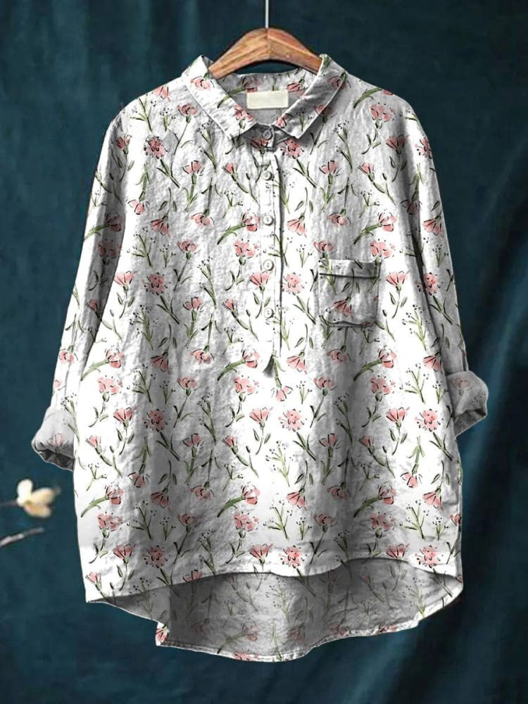 Chemise manches longues blanche imprimé floral rose, boutons devant
