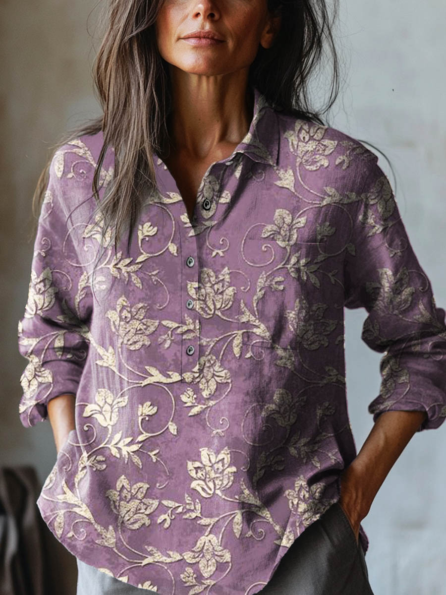 Chemise en lin violette à manches longues, broderie florale et patte boutonnée