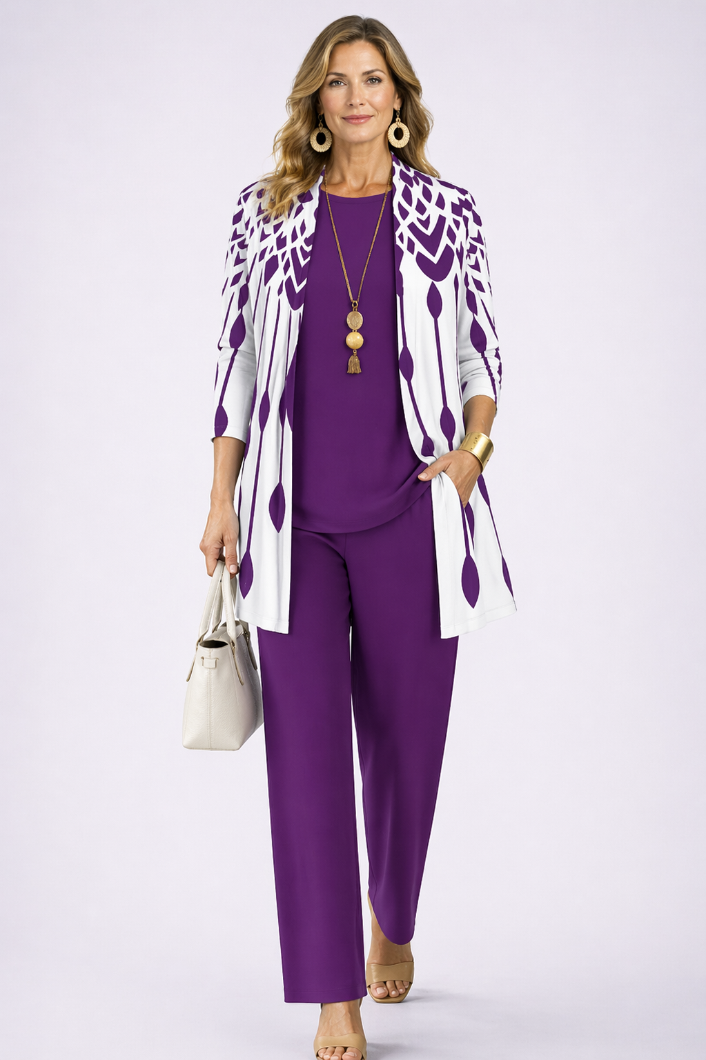 Ensemble 3 pièces violet : veste ouverte à motifs gouttes blanches, haut et pantalon assortis
