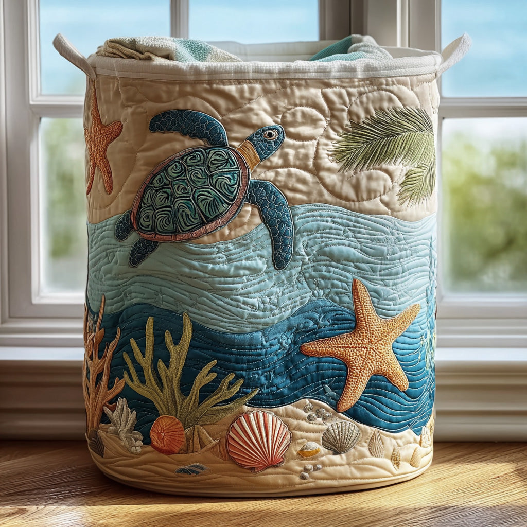 Panier à linge en tissu crème avec motifs marins (tortue, étoiles de mer, coquillages)