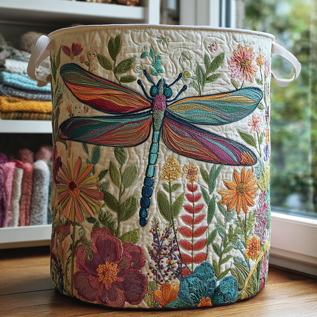 Panier à linge en tissu rond, anses blanches, broderies libellule et fleurs