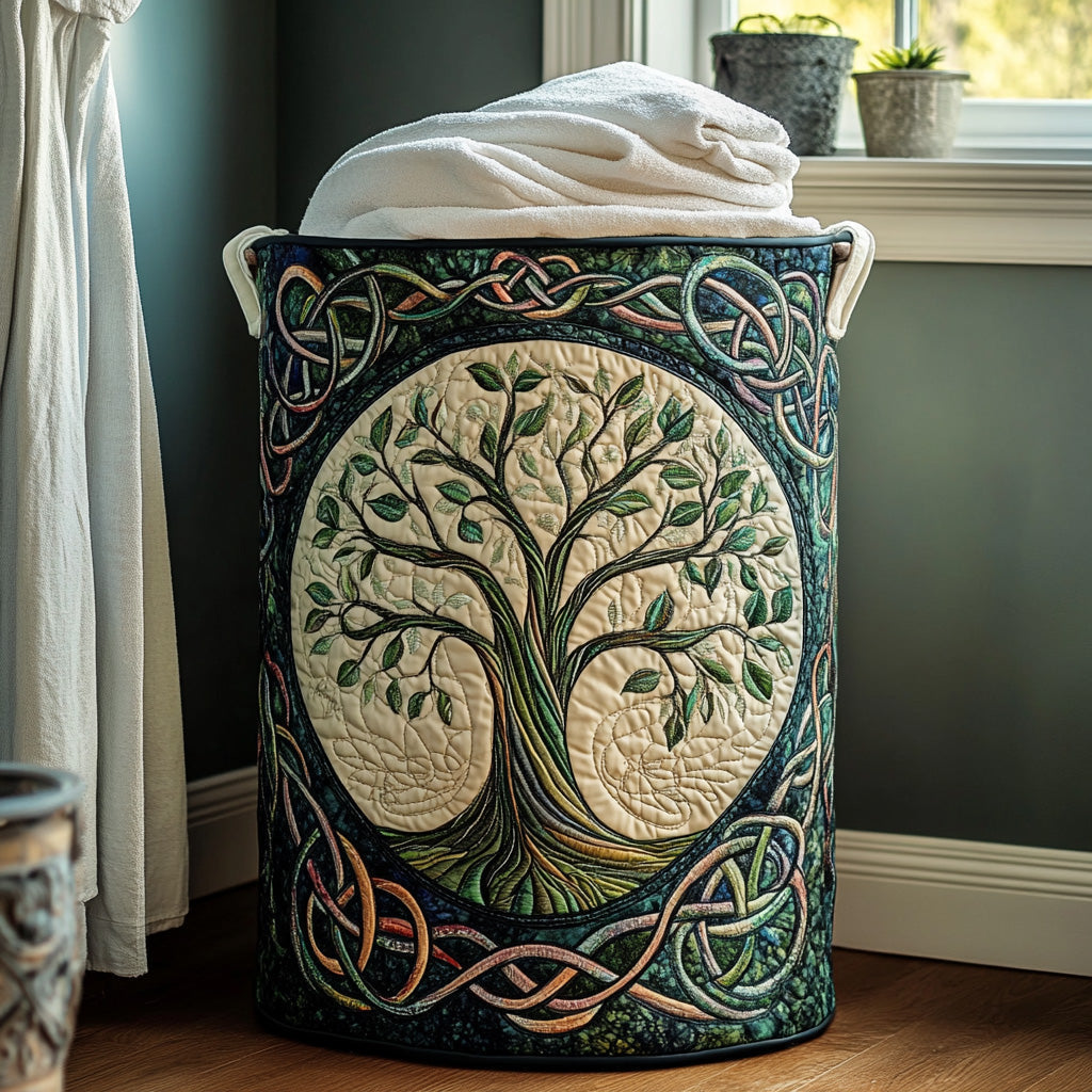 Panier à linge en tissu, motif arbre celtique vert et bleu, anses latérales
