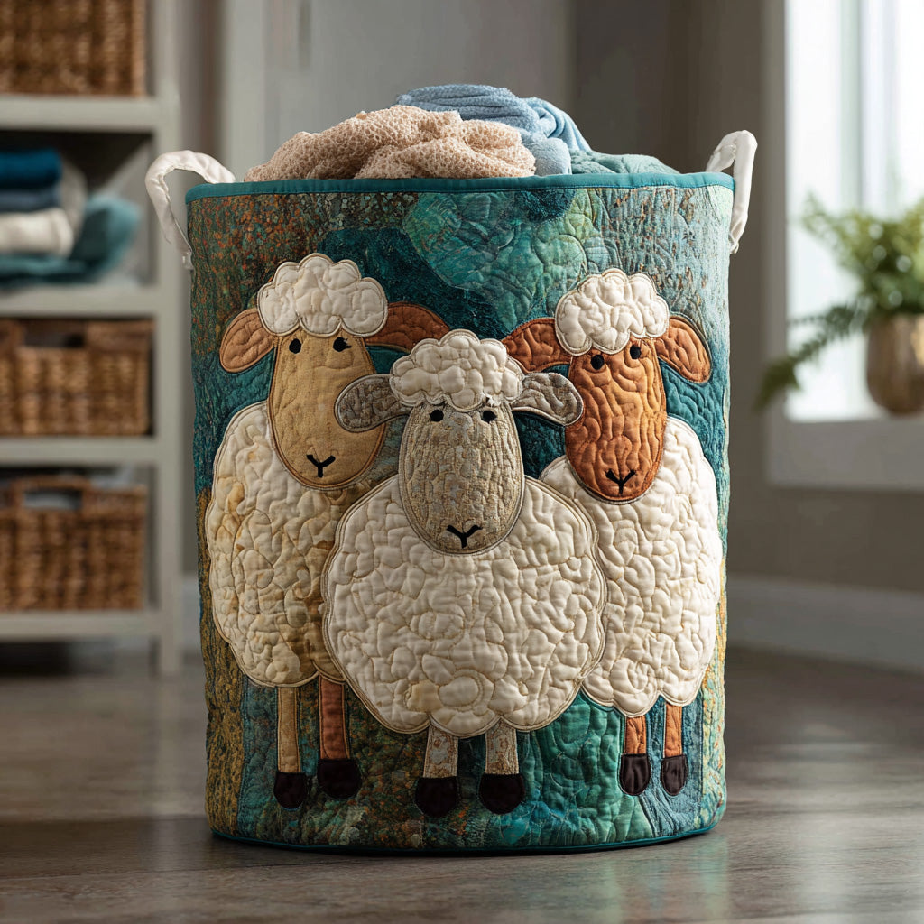 Panier à linge tissu bleu avec appliqués de moutons et finitions couture