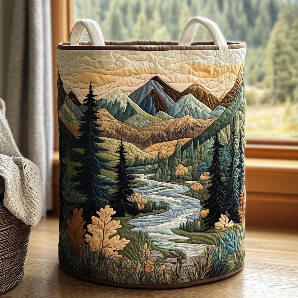 Panier à linge en tissu à motifs paysage de forêt, poignées latérales, forme cylindrique.