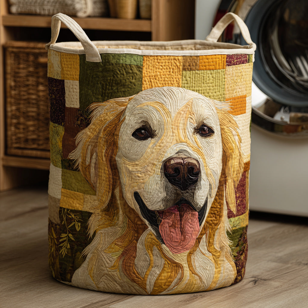 Panier à linge en tissu avec imprimé golden retriever, anses renforcées