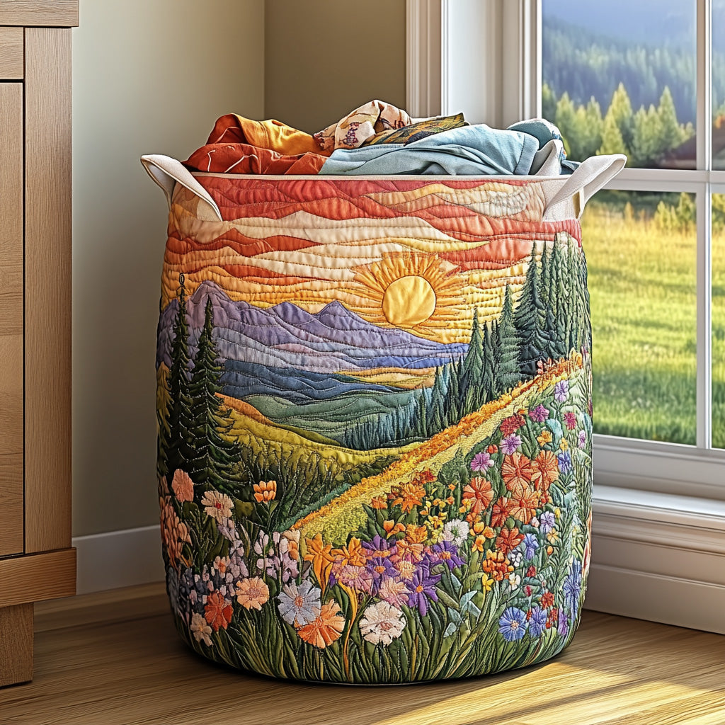 Panier à linge en tissu matelassé, patchwork montagnes et fleurs multicolores