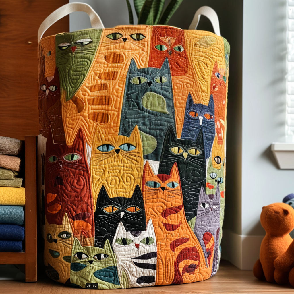 Panier à linge en tissu patchwork, motif chats multicolores sur fond orange