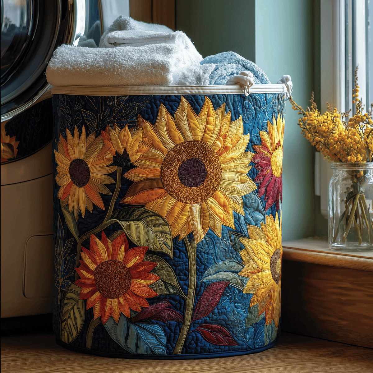 Panier à linge cylindrique avec couvercle, imprimé floral de tournesols.
