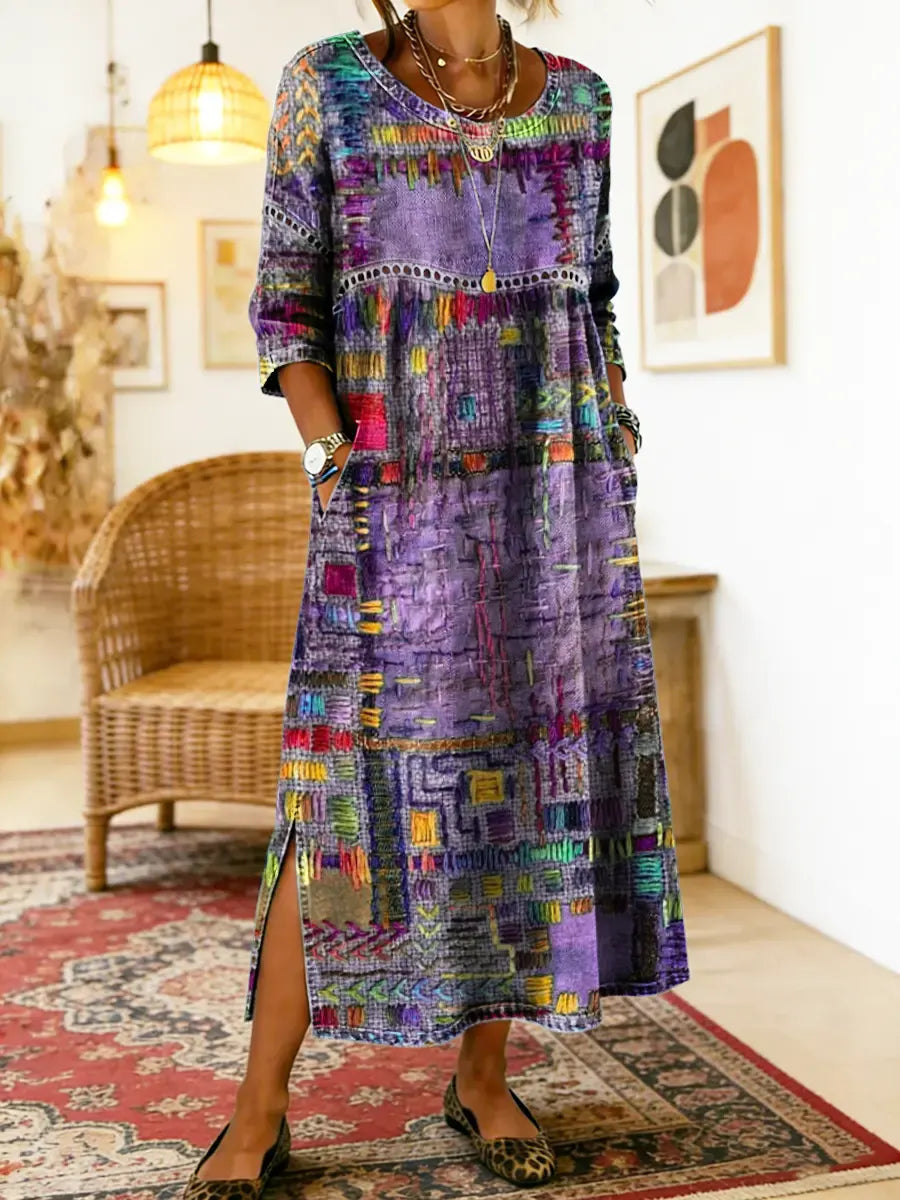 Robe imprimée patchwork ethnique multicolore, manches 3/4, col rond, fente latérale