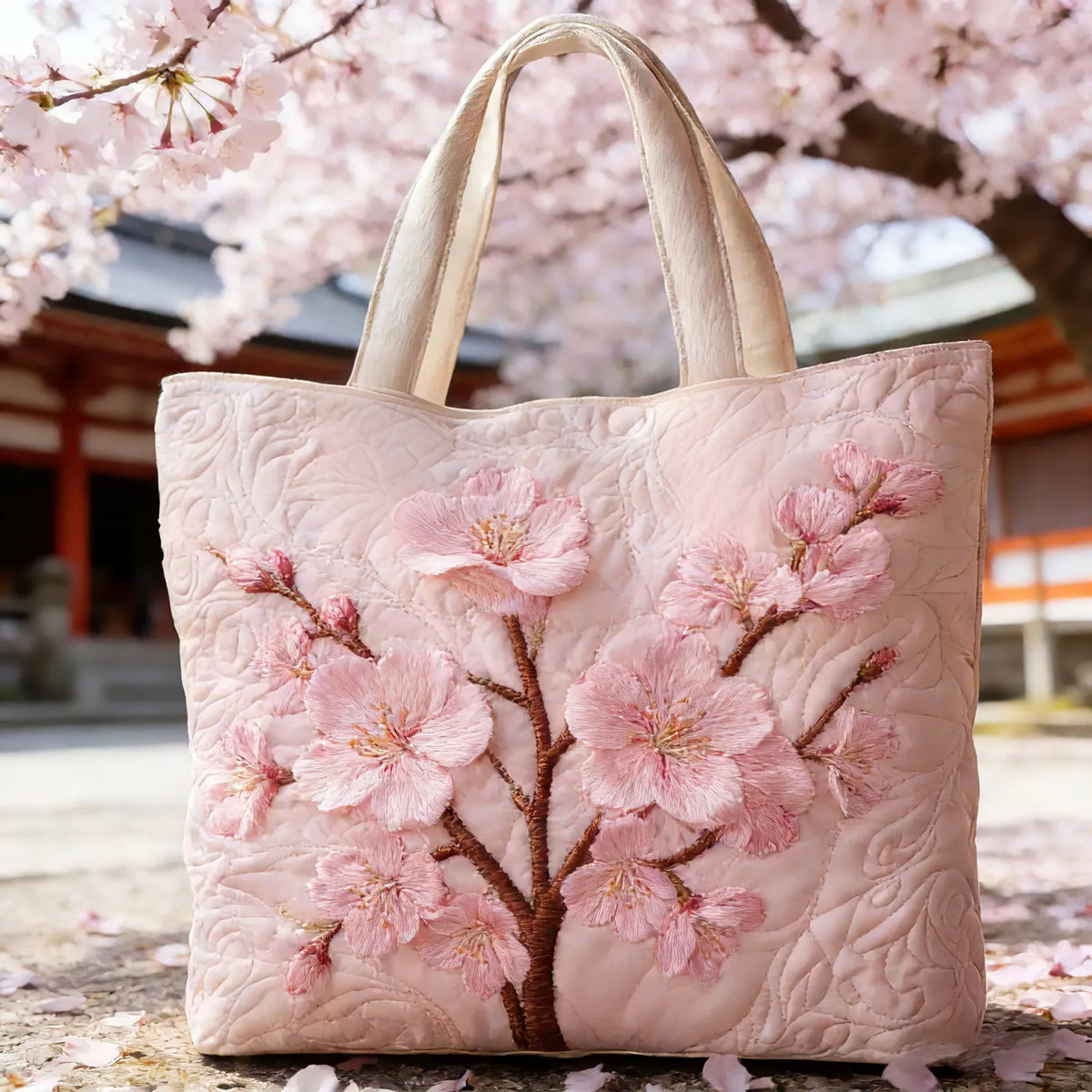 Sac fourre-tout matelassé rose clair brodé fleurs de cerisier, anses longues