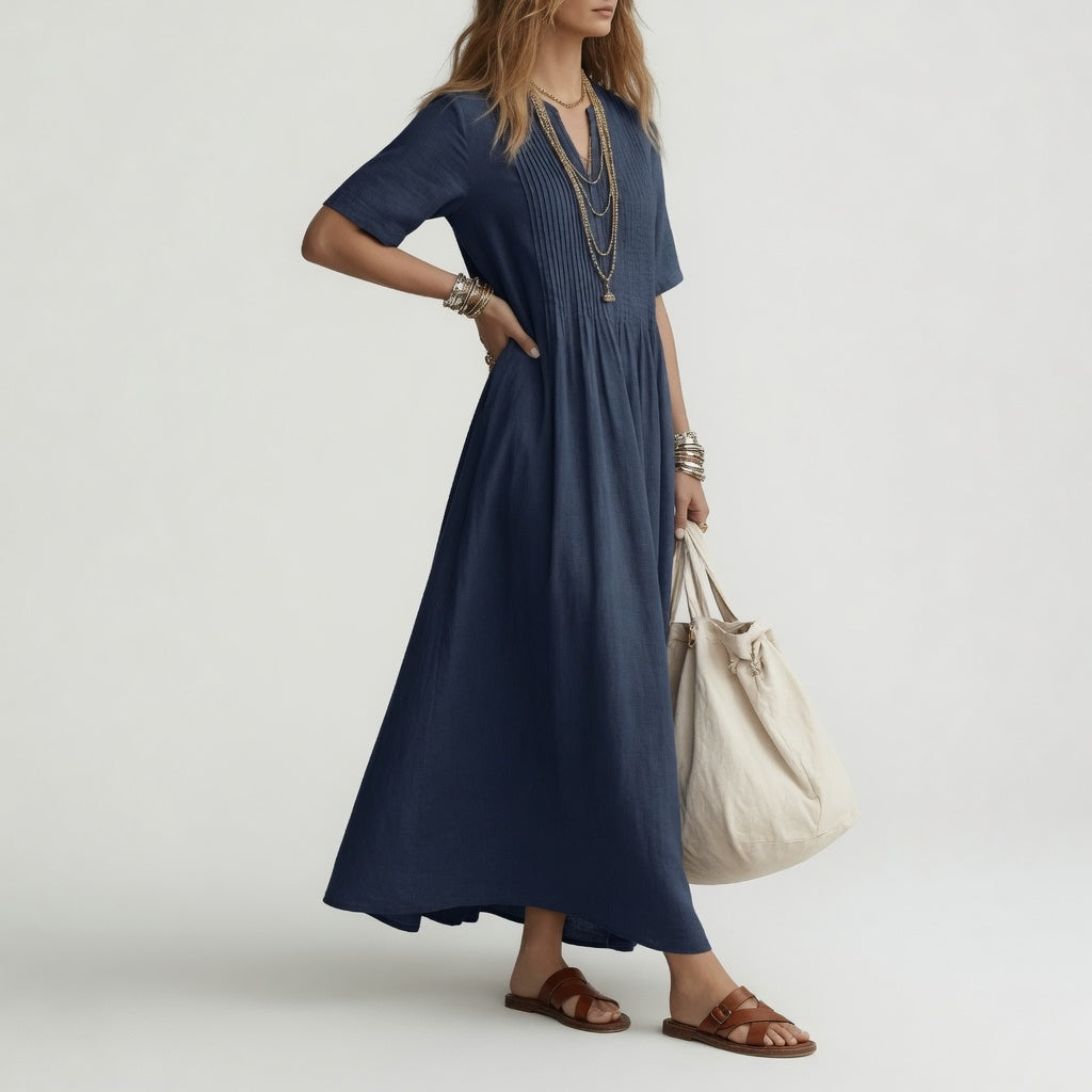 Robe longue coton bleu marine, col V, manches courtes, jupe évasée froncée