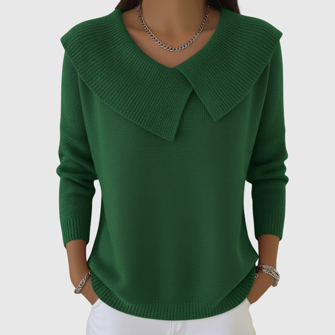 Pull en maille vert à col chemise, manches longues, encolure en V