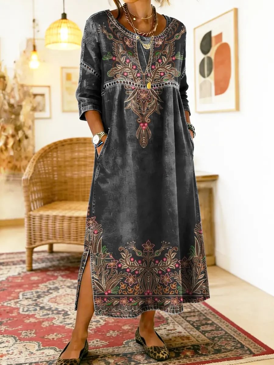 Robe imprimée noire à manches longues, motif floral multicolore et encolure ronde