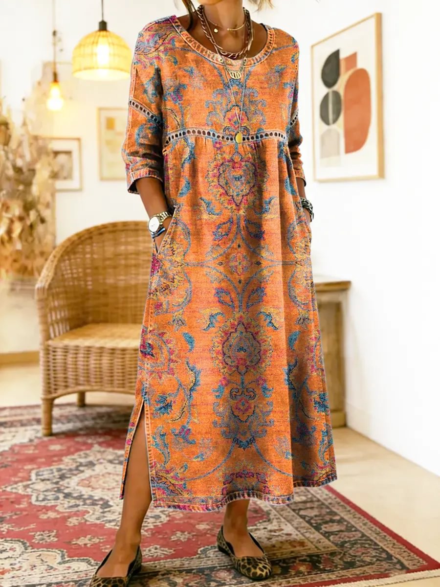 Robe Eugenia imprimée longue, manches trois-quarts, orange et bleu floral