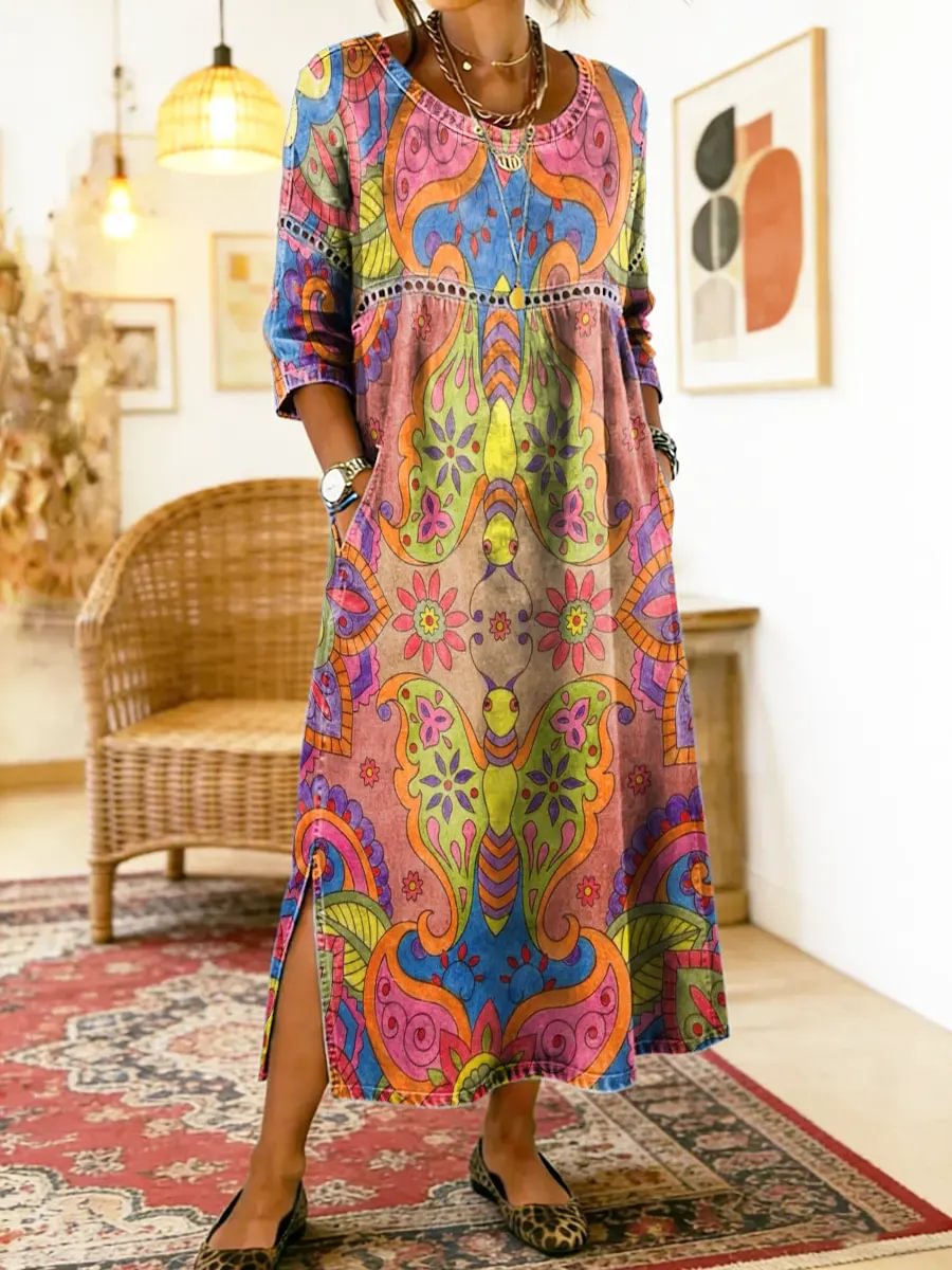 Robe longue imprimée florale multicolore, manches trois-quarts, encolure ronde