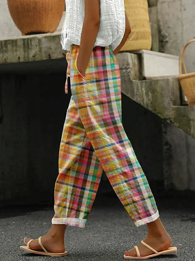 Pantalon rétro à carreaux multicolores, coupe ample, taille élastique