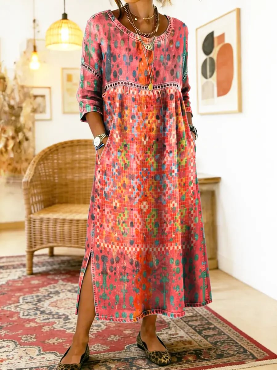 Robe imprimée multicolore à manches 3/4, encolure ronde et coupe ample