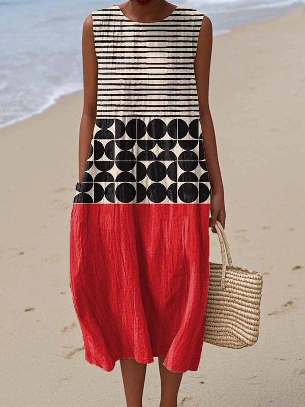 Robe midi sans manches, encolure ronde; dessus rayé & cercles noir/blanc, jupe rouge