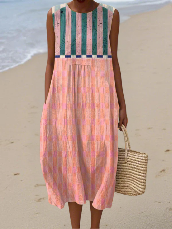 Robe midi sans manches rayée pastel, taille élastiquée, jupe évasée.
