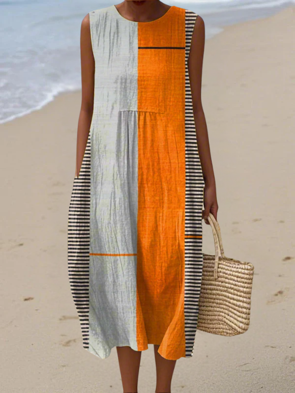 Robe midi sans manches à empiècements contrastés gris clair et orange, côtés rayés