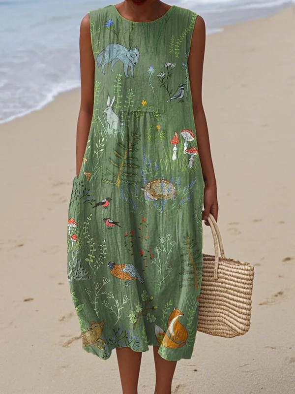 Robe midi sans manches vert, motifs faune et champignons, encolure ronde
