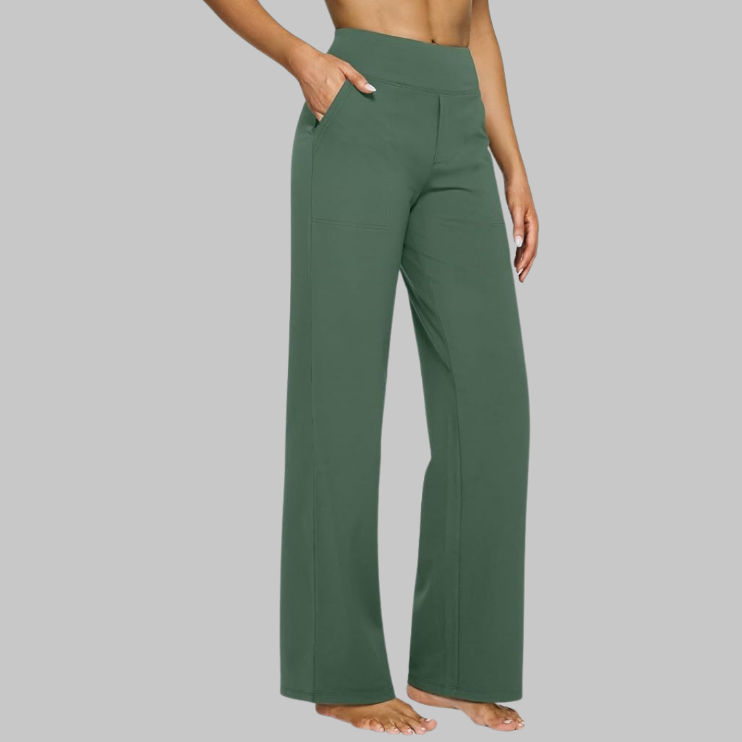Pantalon ample taille haute vert, coupe droite, jambe longue