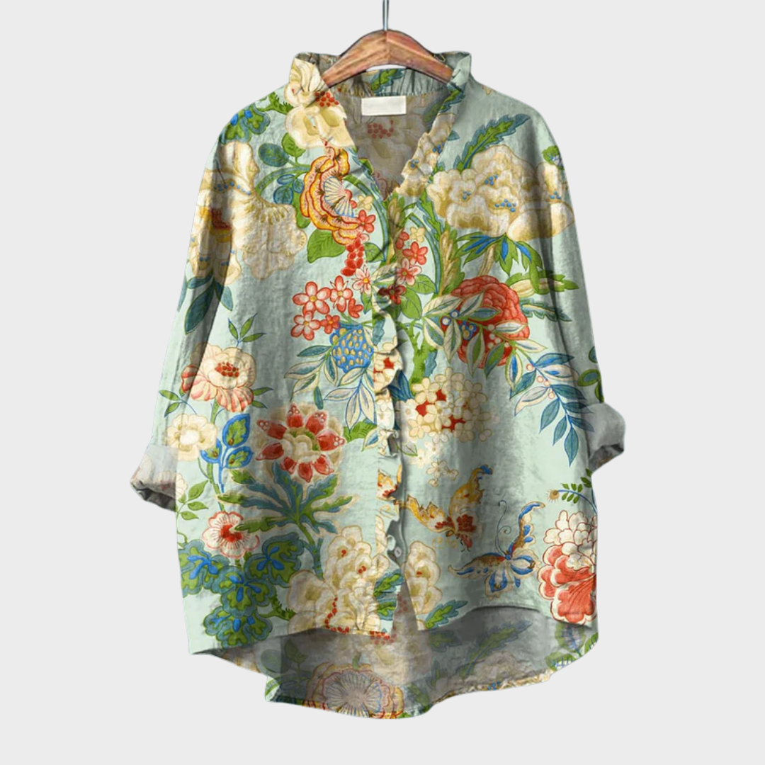 Chemisier en lin à fleurs vertes, col chemise et patte boutonnée, manches longues