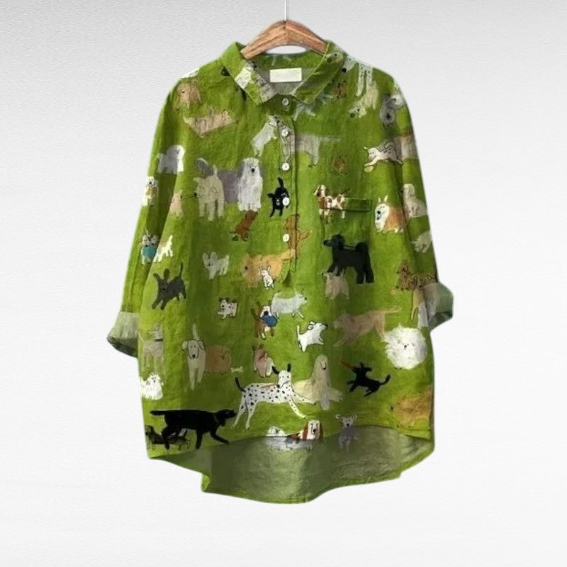 Blouse d’été en lin verte à imprimé d’animaux, col boutonné