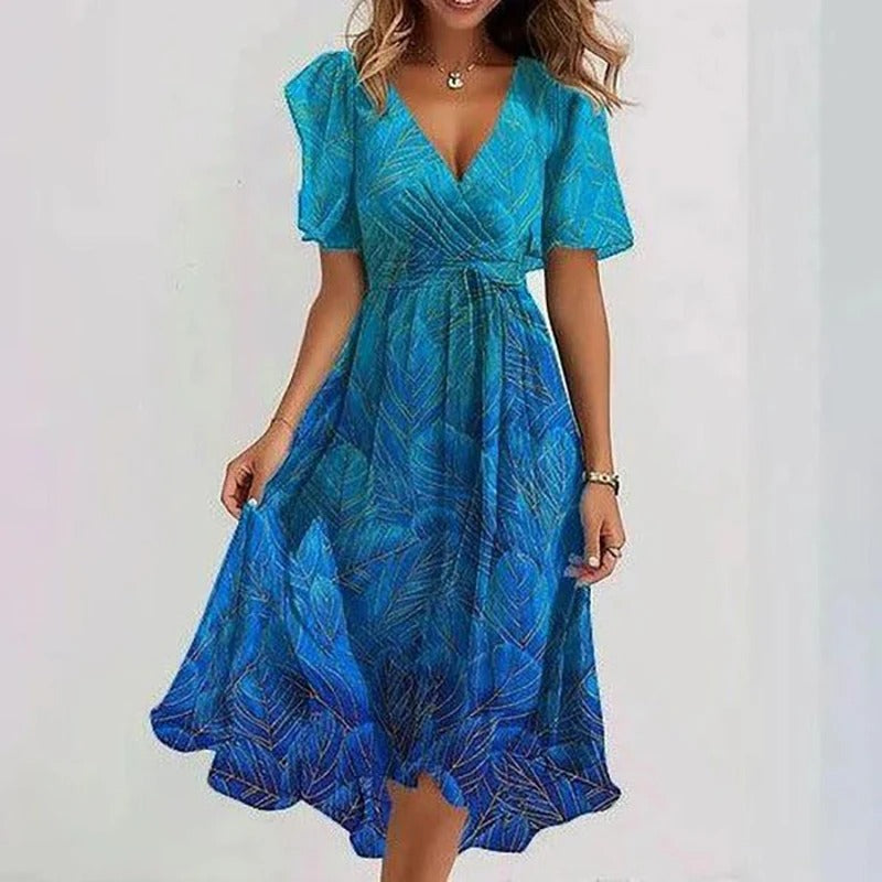 Robe mi-courte bleue à motif feuillage, manches courtes, taille froncée, décolleté V