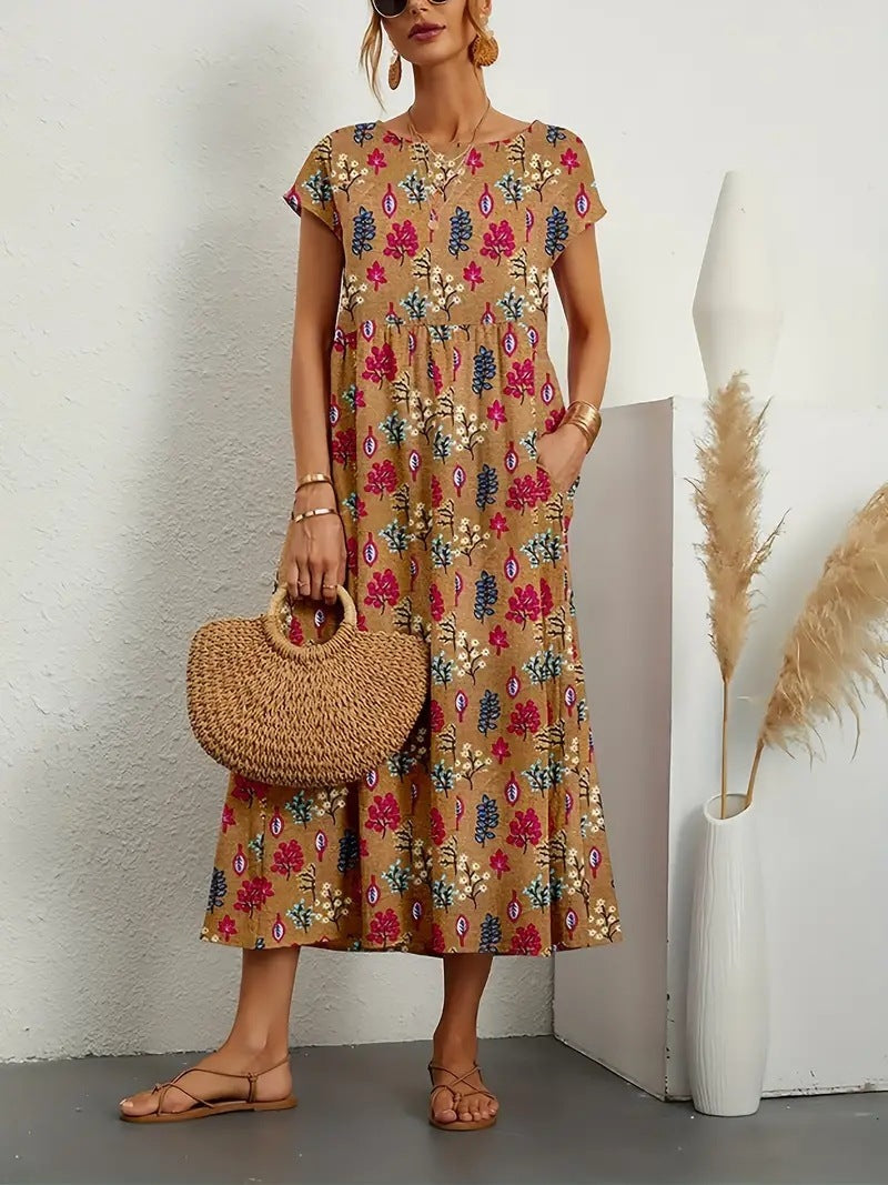 Robe midi à manches courtes, encolure ronde, imprimé floral ocre et rose