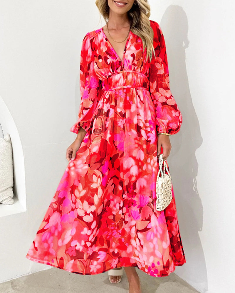 Robe bohème Élégante rouge à fleurs, encolure V, manches longues et taille froncée
