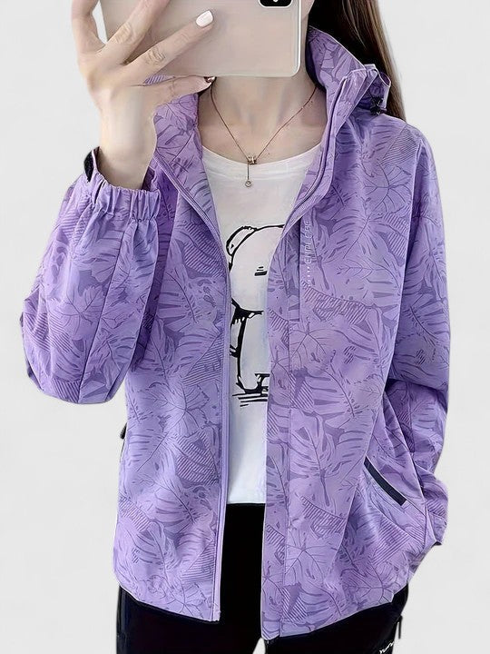 Veste élégante violette à fermeture éclair, motif feuilles, manches froncées
