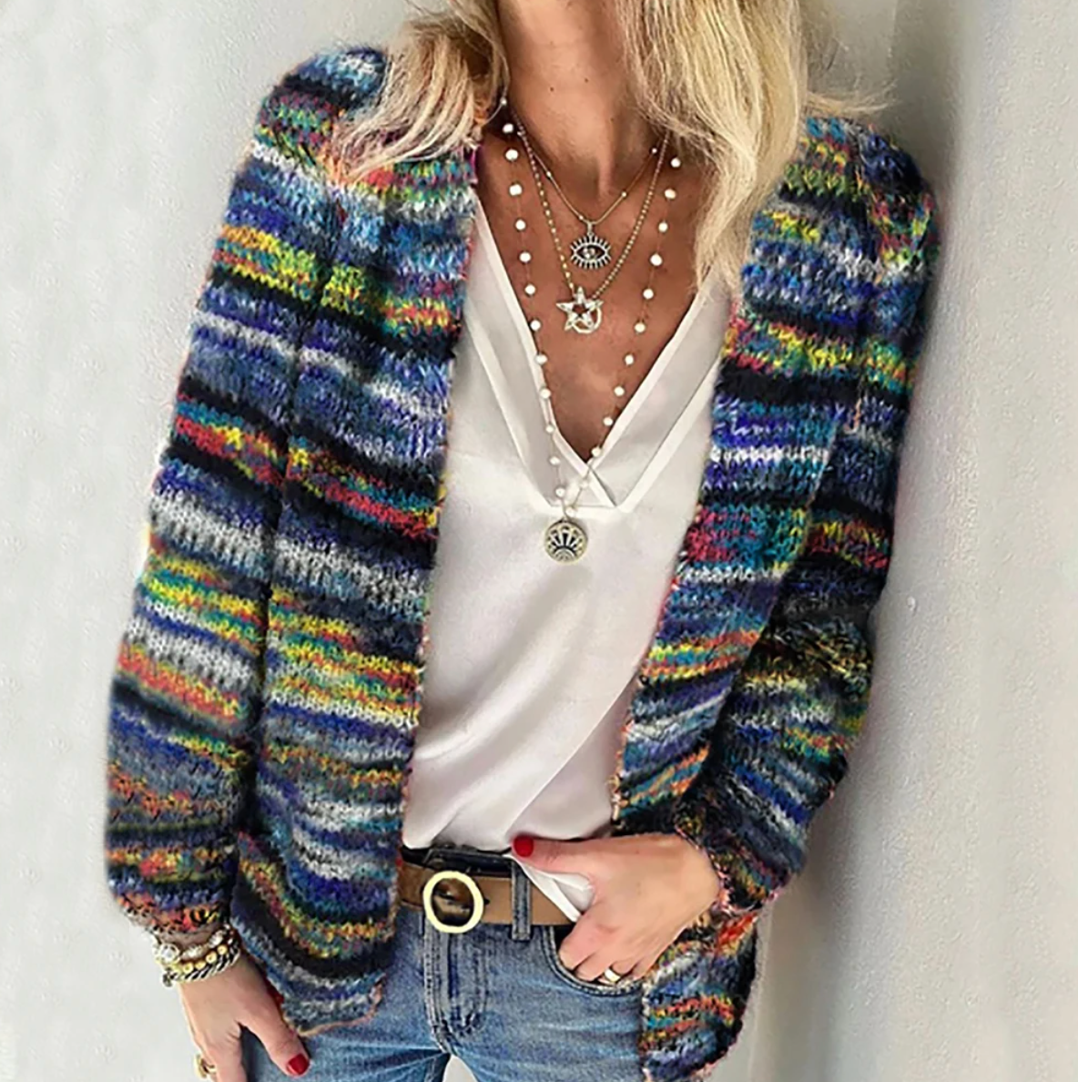 Cardigan à rayures multicolores bleu et rouge, manches longues, col droit