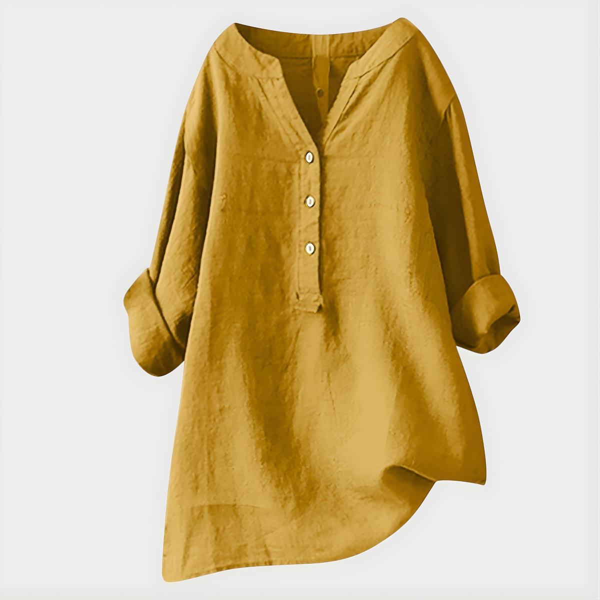 Blouse ample jaune moutarde à col en V, manches trois-quarts et patte boutonnée