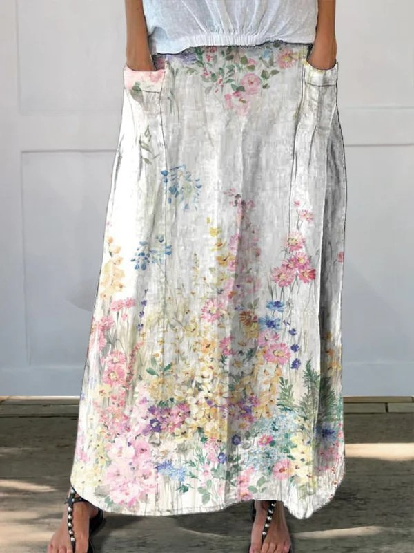 Roxane™ | Jupe Vintage à Fleurs Botaniques avec Poches et Taille Élastique