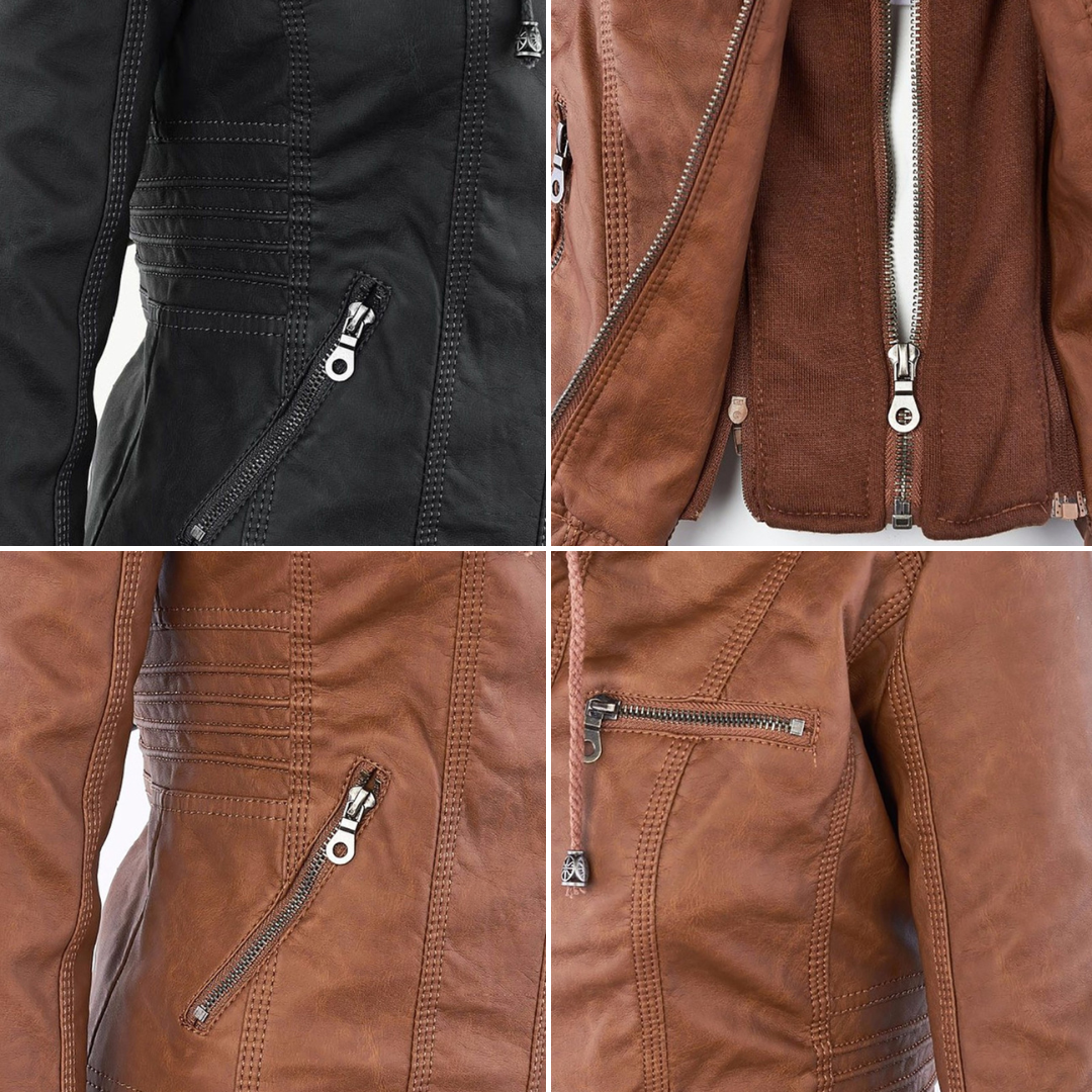 Veste brune avec fermeture éclair et poches zippées, surpiqûres visibles