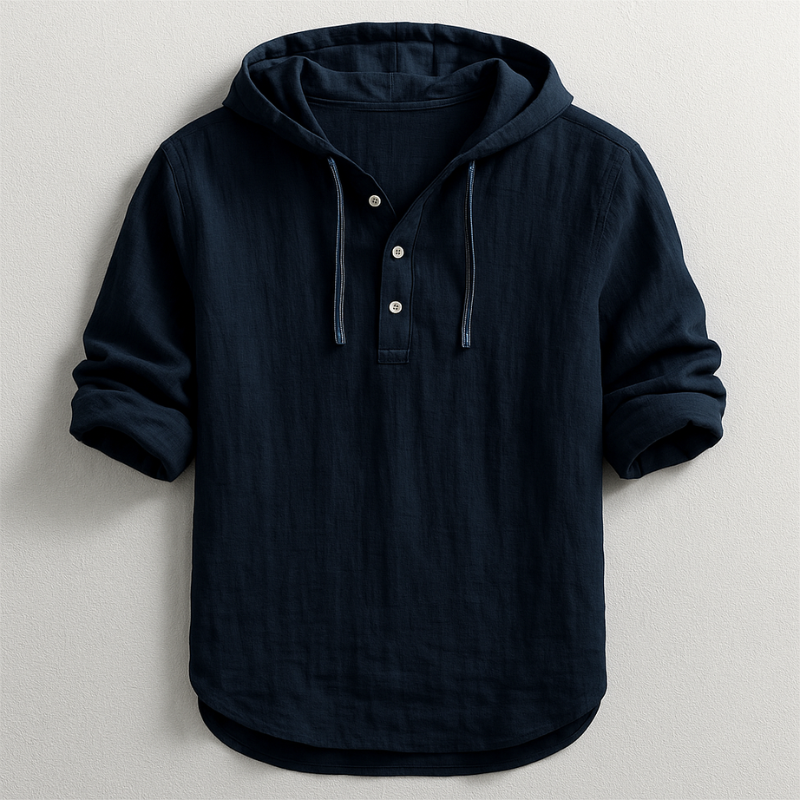 Chemise à capuche en lin, bleu nuit, cordons et boutons devant, manches longues