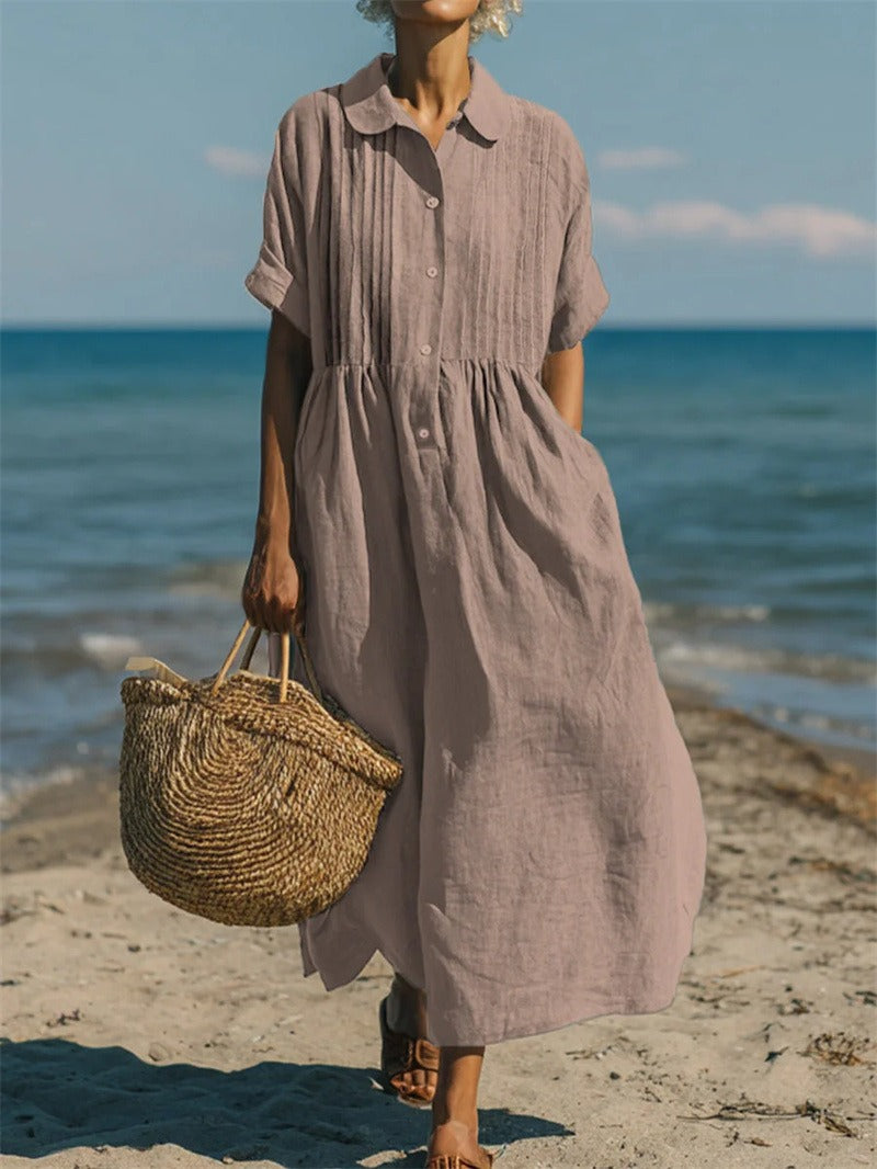 Robe longue en lin rose pour femme, col chemise, boutonnage, manches courtes, coupe ample