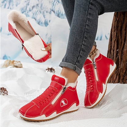 Bottines d’hiver rouges à zip, col fourré doux et semelle crantée