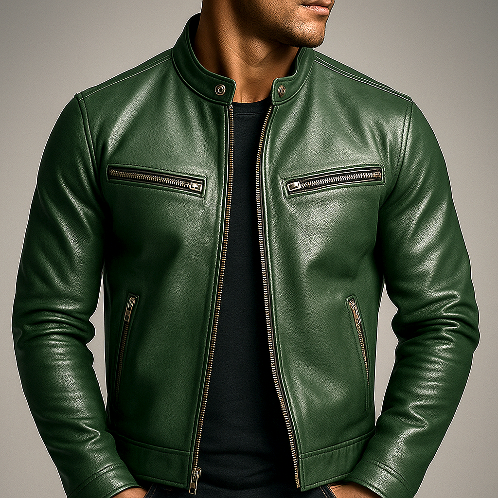 Veste vintage en cuir vert zippée, col boutonné, poches zippées et surpiqûres
