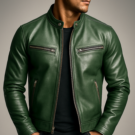 Veste vintage en cuir vert zippée, col boutonné, poches zippées et surpiqûres