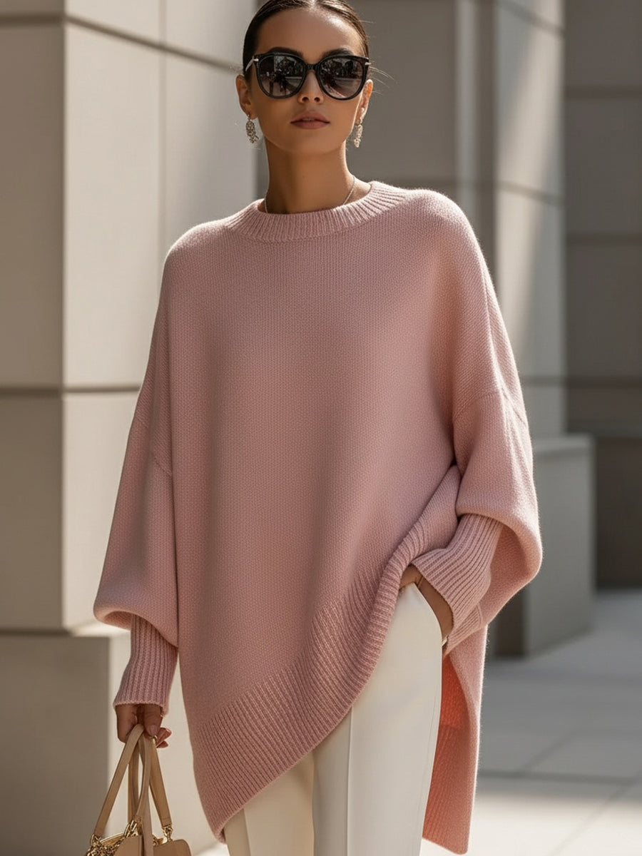 Pull ample à coupe fluide rose poudré, maille douce, col rond, ourlet côtelé, manches tombantes